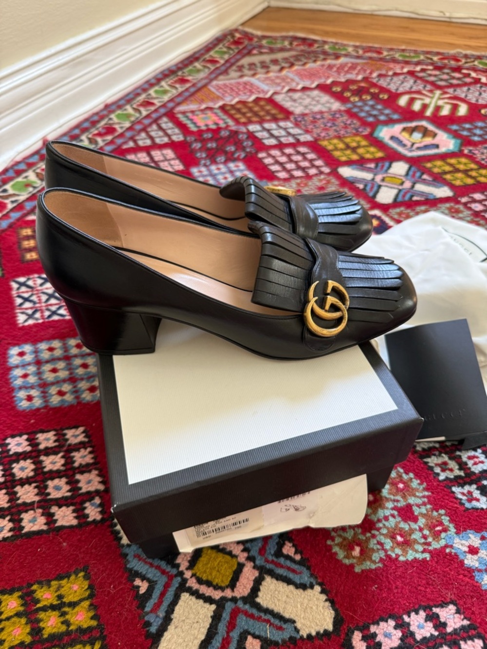 Gucci Black Leather Fringe GG Loafers - Picture 2 of 5